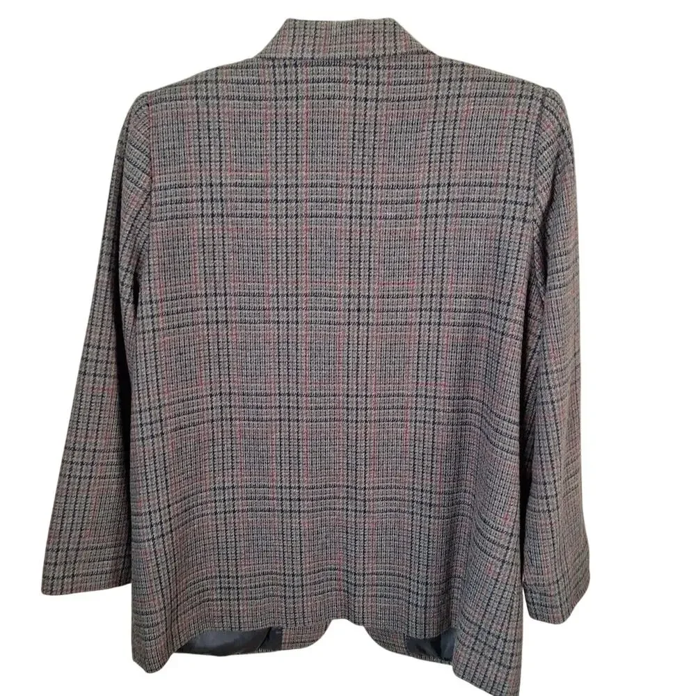 Vintage Sag Harbor Gray Green Plaid Wool Blnd Blazer Women Size 14P Petite - Picture 9 of 9